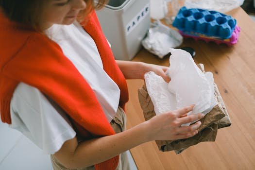 A woman focuses on eco-friendly recycling at home, sorting paper and plastic waste.